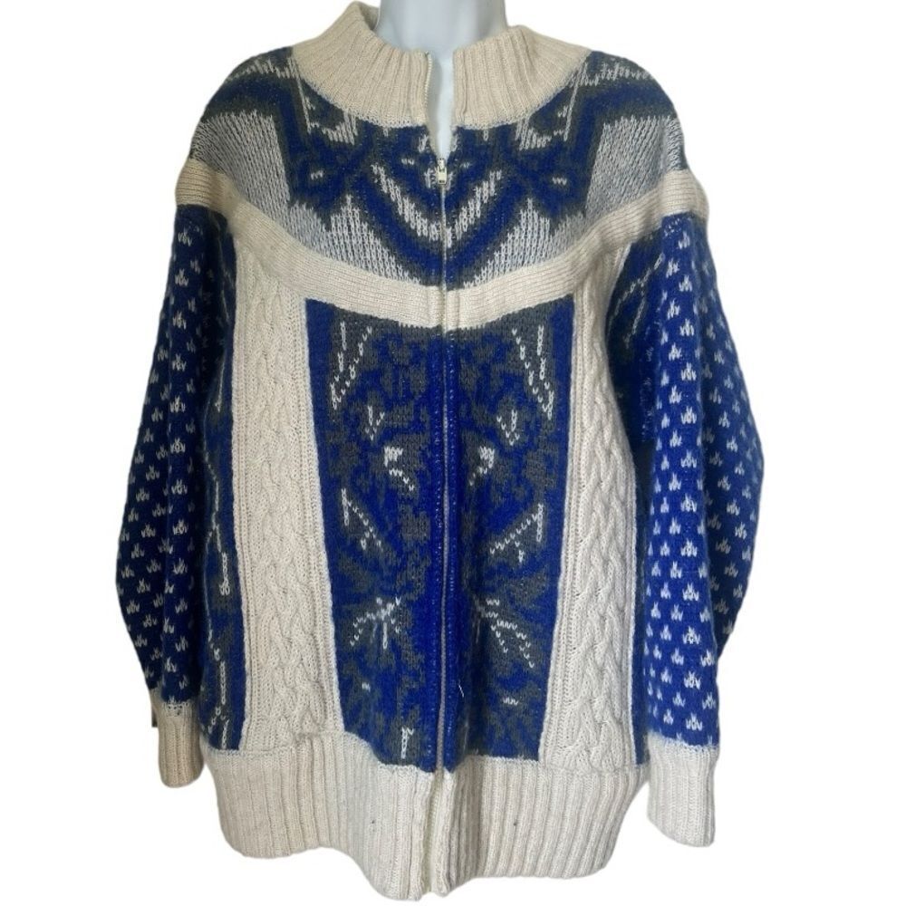 I.B. Diffusion Vintage Unique Wool Mohair Blend Blue Cream Cardigan Sweater SZ M